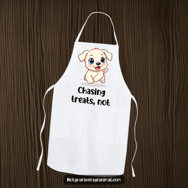Funny puppy apron showing a small dog with wide, excited eyes, comically chasing its tail, perfect for a playful cooking experience.