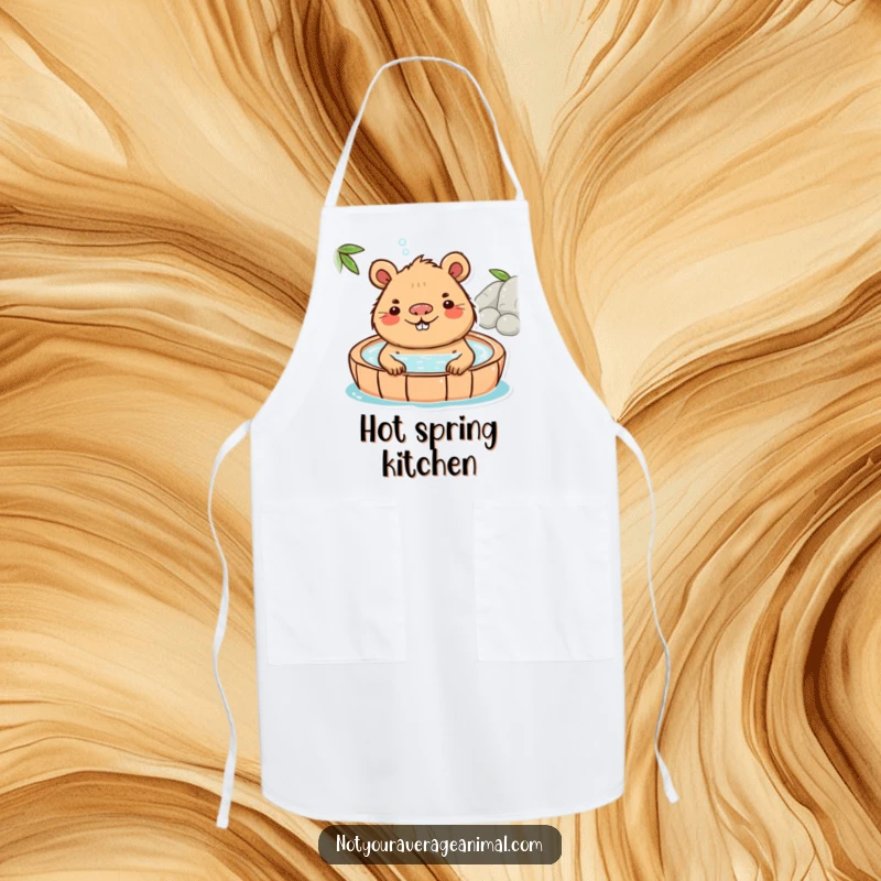 Funny Capybara Apron showing a playful capybara character soaking in a hot spring, bringing a humorous chill vibe to cooking.