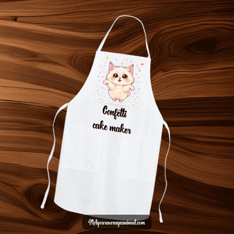 Funny fluffy cat apron designed with a cat’s joyful confetti leap, perfect for adding humor and flair to kitchen activities. A unique gift.