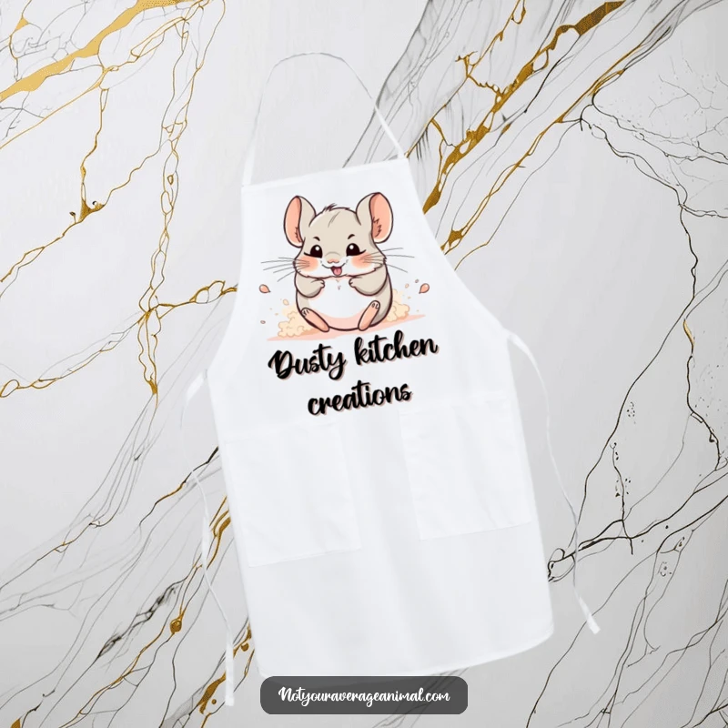 Funny apron: A cheerful chinchilla rolls playfully in a cloud of dust while cooking.