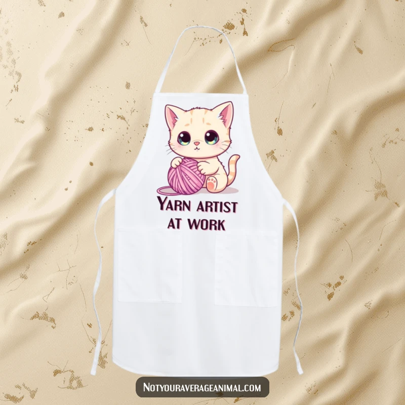 Funny apron design of a cute cat with wide eyes, playing with a ball of yarn, ready for culinary fun and mischief.