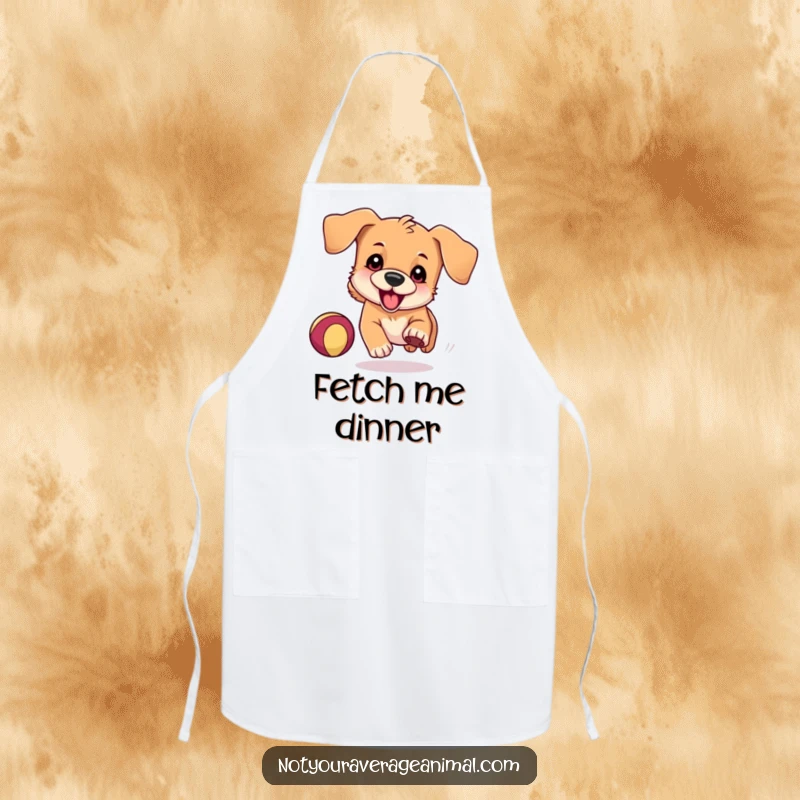 Funny Apron featuring a playful dog with floppy ears, hilariously chasing a bouncing ball, making kitchen tasks a fun game.