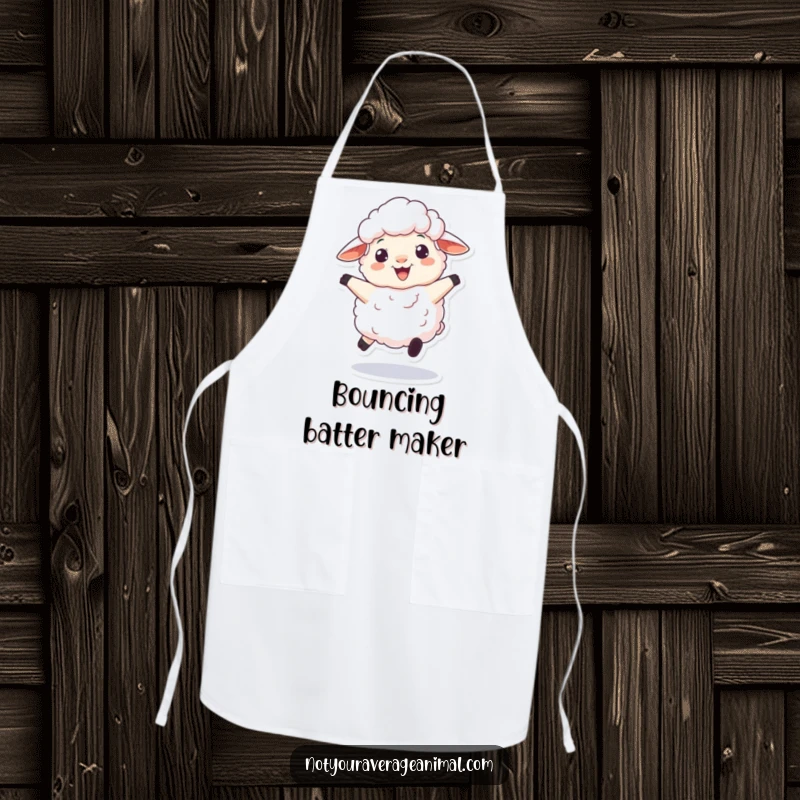 Funny kitchen apron featuring a fluffy sheep character playfully bouncing with a woolly grin, adding a cheerful and humorous touch to cooking.