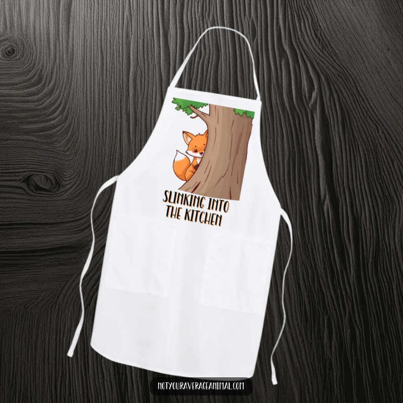 Funny fox apron with a bushy tail peeking playfully from behind a tree, designed for humorous and stylish kitchen adventures.