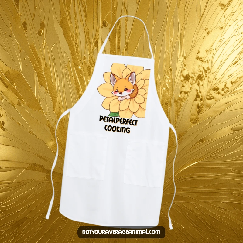 Funny fox apron with a playful fox peeking from behind a giant flower, designed for cooks who appreciate whimsical kitchenware.