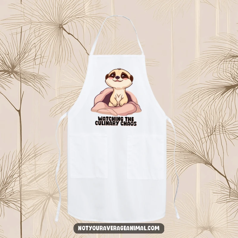 Funny meerkat apron with a giggling character emerging from its burrow, designed for a fun and messy cooking experience.