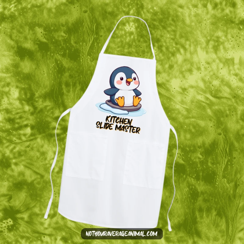 Funny happy penguin apron, a character sliding joyfully on ice, suitable for kitchen fun.