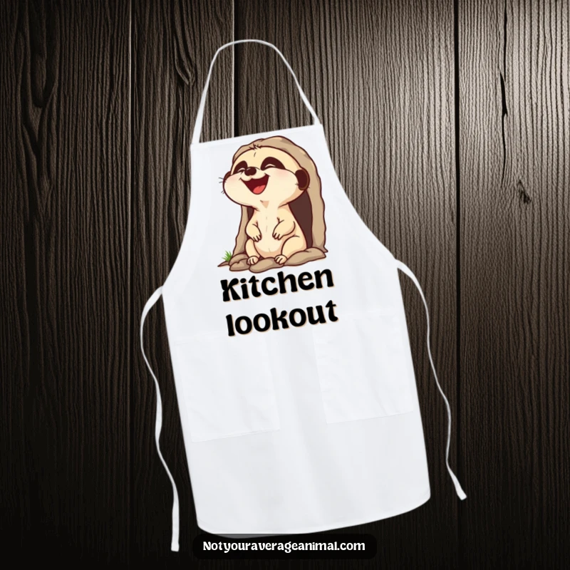 Funny laughing meerkat apron, a character popping head out of burrow laughing, ideal for kitchen fun.