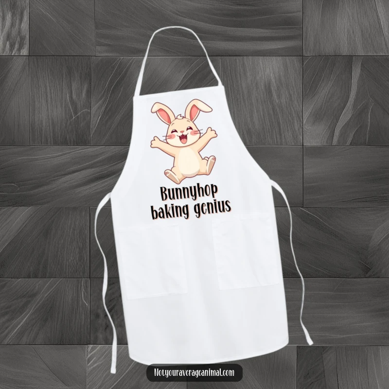 Funny apron showing a happy bunny leaping with ears flopped, bringing playful energy to the kitchen and cooking tasks.