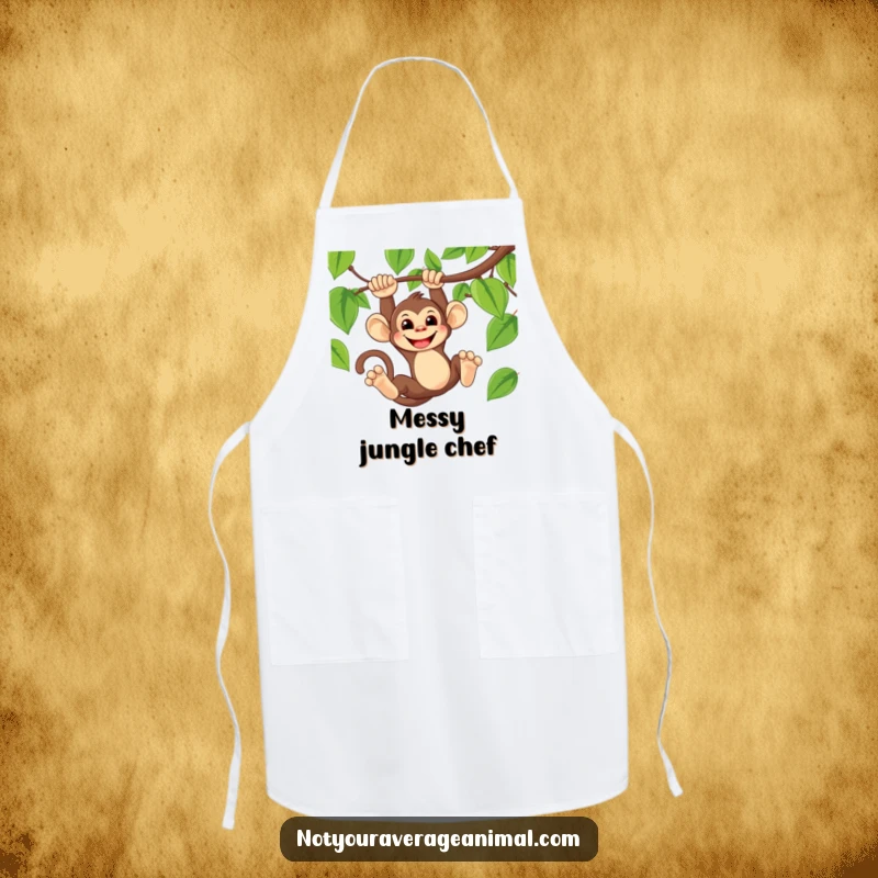 Funny apron with a mischievous monkey grinning while swinging from a vine, perfect for kitchen fun.