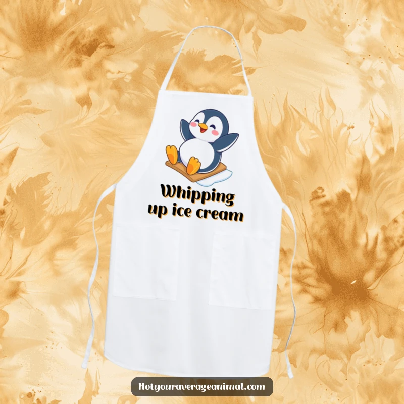 Funny apron featuring a happy penguin character sliding down an icy slope with joy, perfect for cheerful winter kitchen wear.