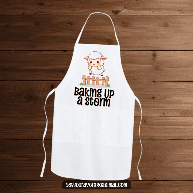 Funny apron featuring a fluffy sheep character playfully leaping over a small fence, perfect for cheerful and charming kitchen wear.