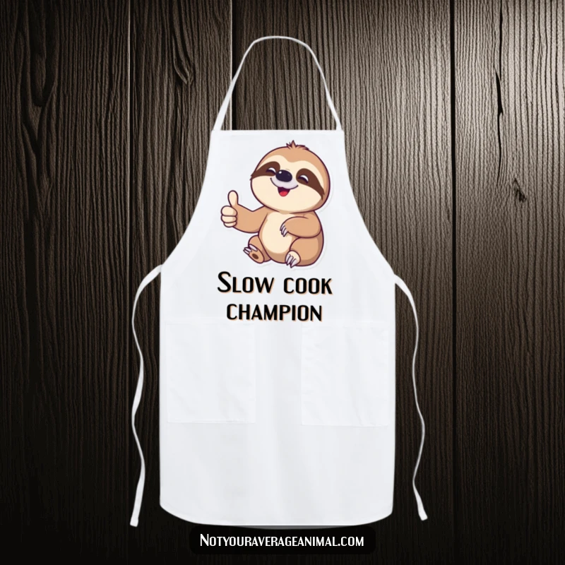 Funny sloth apron with a delighted character giving a slow thumbs-up, perfect for humorous home cooks and bakers.