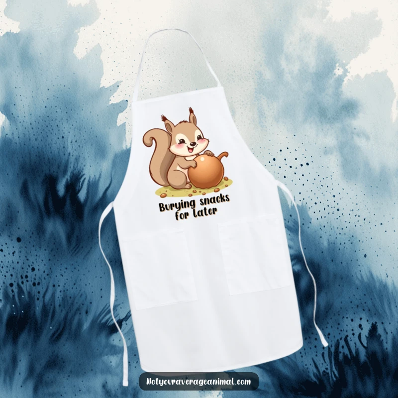 Funny apron showing a cheerful squirrel burying a huge acorn, ideal for kitchen tasks and bringing comedic charm to cooking.