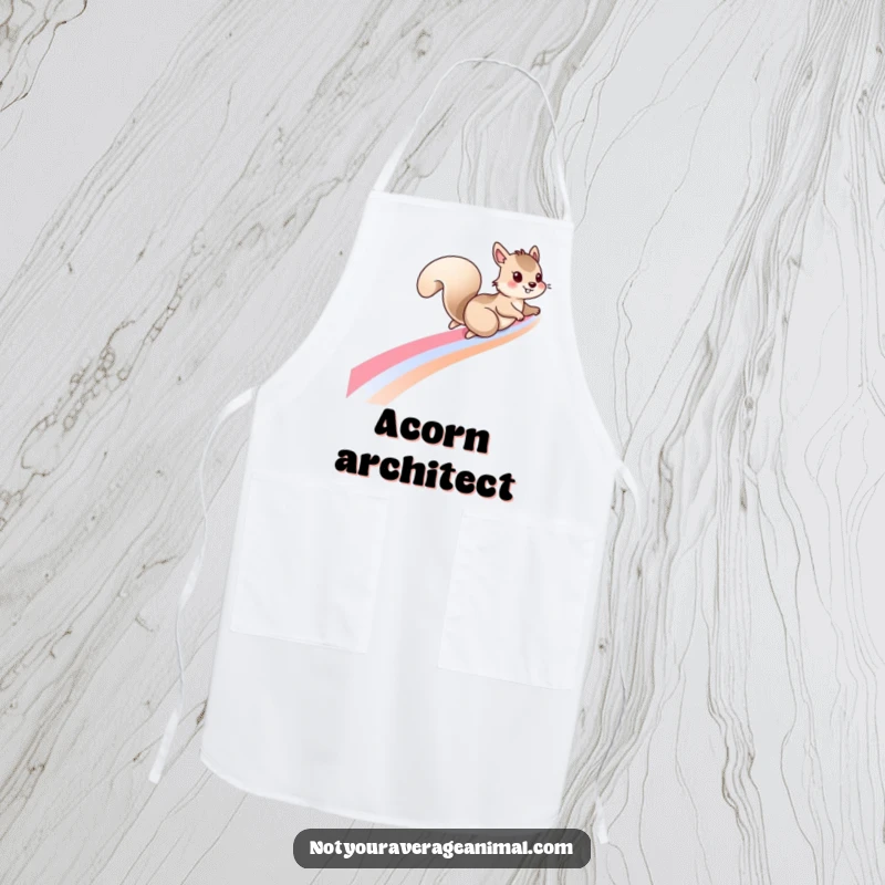 Funny squirrel apron with a mischievous squirrel sliding down a rainbow, designed for cooks who enjoy whimsical kitchenware.