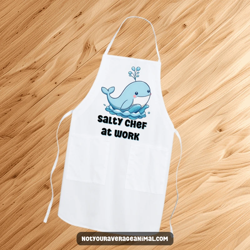 Funny apron showing a playful whale breaching the ocean, releasing a dramatic spout of water, a humorous kitchen necessity.
