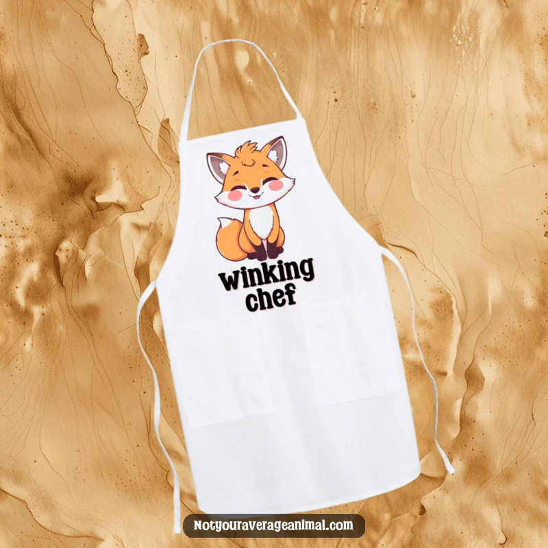 Funny bright grinning fox with a bushy tail winking, a humorous apron.