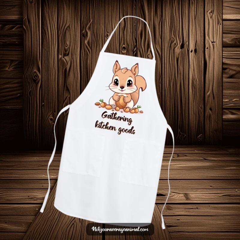 Funny squirrel apron with big eyes as a curious squirrel gathers nuts, designed for humorous and adorable kitchen activities.