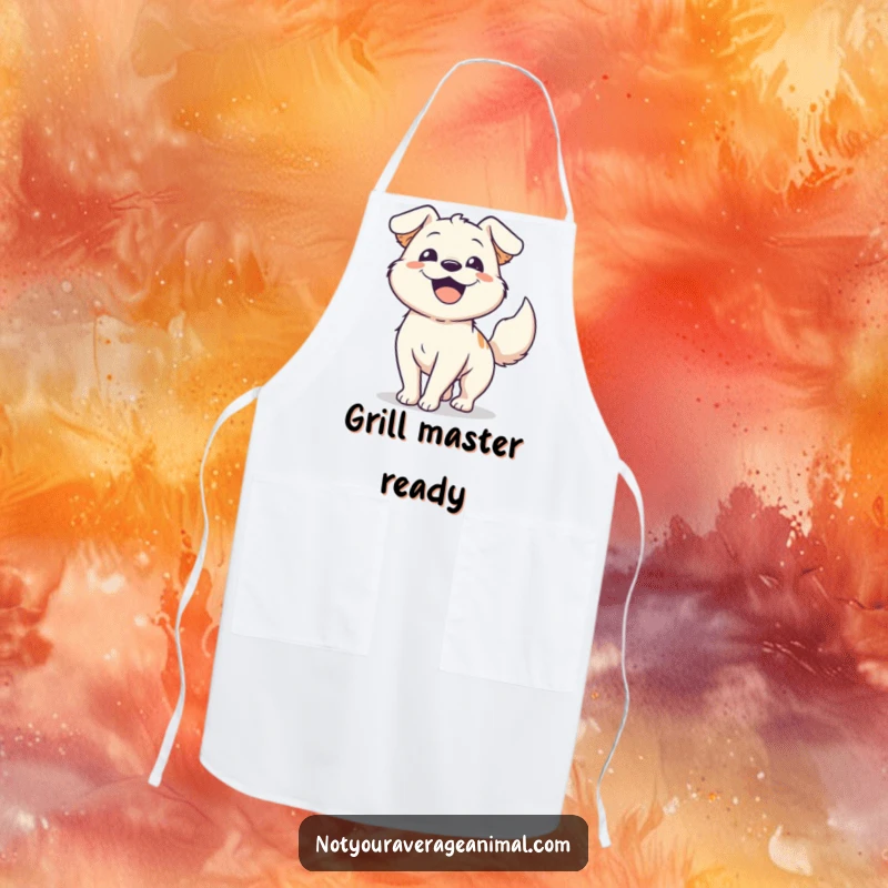 Funny happy dog apron with an energetic dog wagging its tail, designed for dog parents who love to cook with a smile.