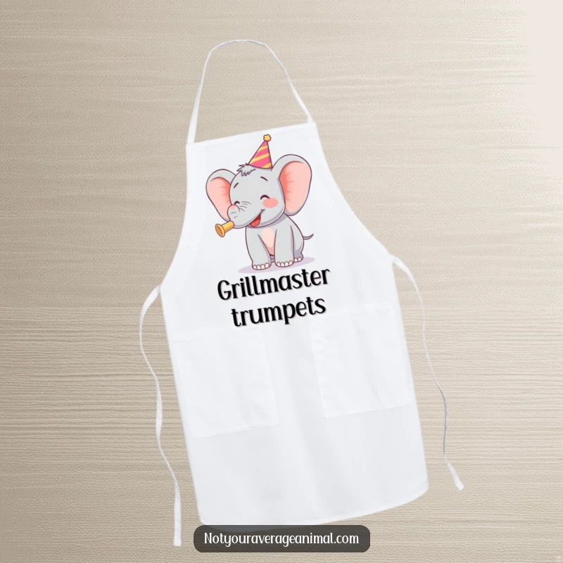 Funny apron with a happy elephant blowing a party horn, perfect for festive cooking and celebrations.