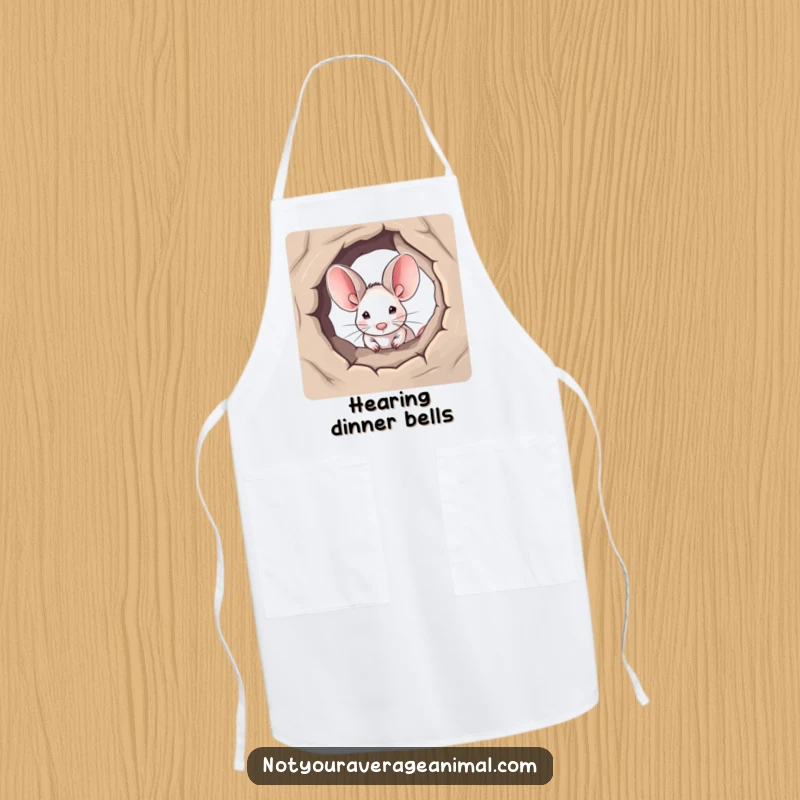 Funny apron with a small mouse sporting huge ears peeking from a kitchen hole, a humorous and practical cooking garment.