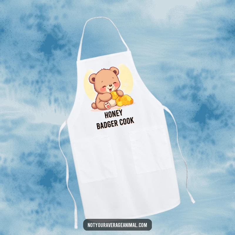 Funny bear cub apron showing a giggling cub playing with a honeycomb, ready for kitchen adventures.