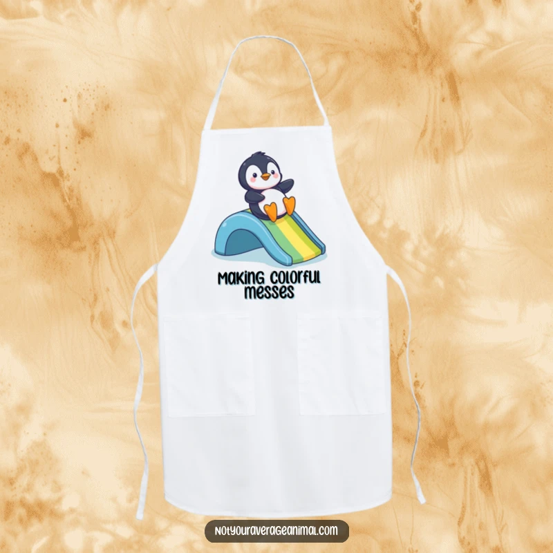 Funny apron featuring a happy penguin sliding down a rainbow, adding a splash of fun to culinary adventures.