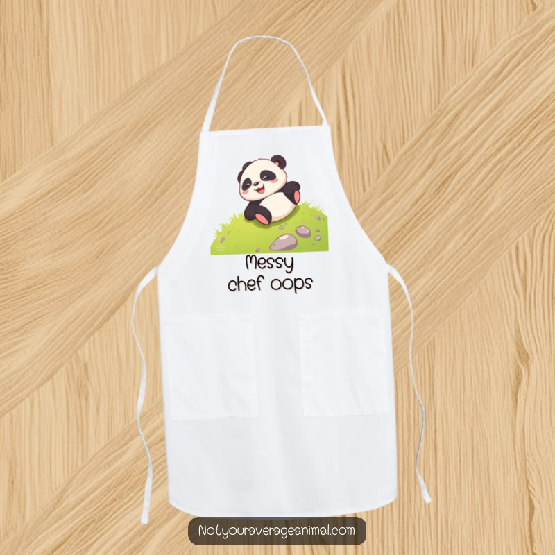 Funny giggling panda cub joyfully rolling down a grassy hill, perfect for a humorous kitchen apron.