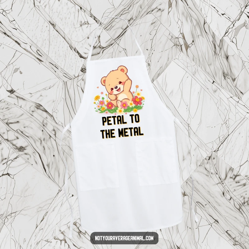 Funny Bear Cub Apron: A happy bear cub tumbles in bright flowers, making kitchen tasks more joyful and humorous.