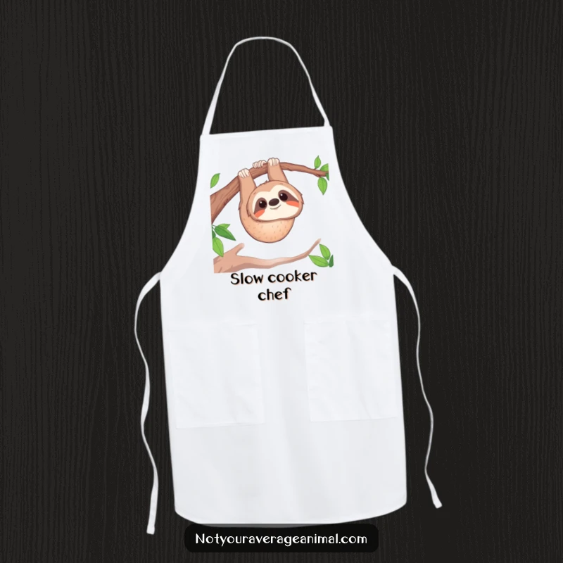 Funny apron: A smiling sloth hangs upside down, embodying a relaxed and humorous approach to cooking.