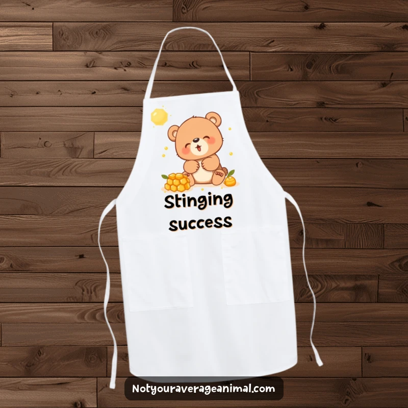 Funny apron showing a bear cub with a wide grin, playfully engaging with a sticky honeycomb, kitchen fun.