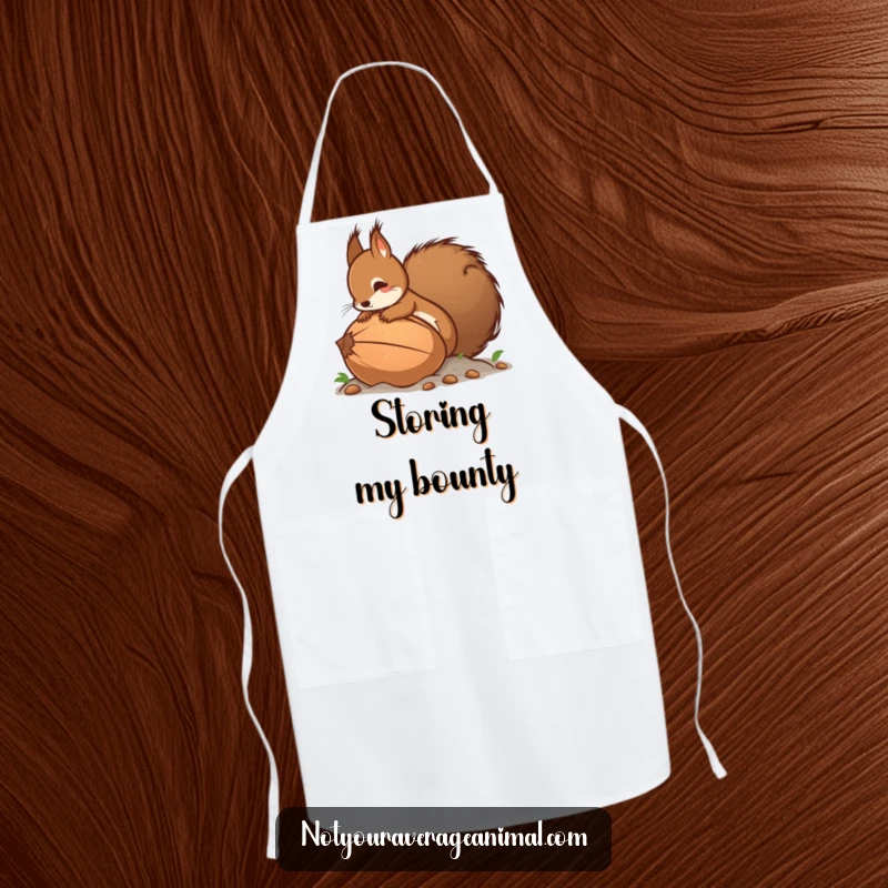 Funny apron featuring a determined squirrel with a bushy tail burying a comically large nut, a humorous addition to kitchen wear.