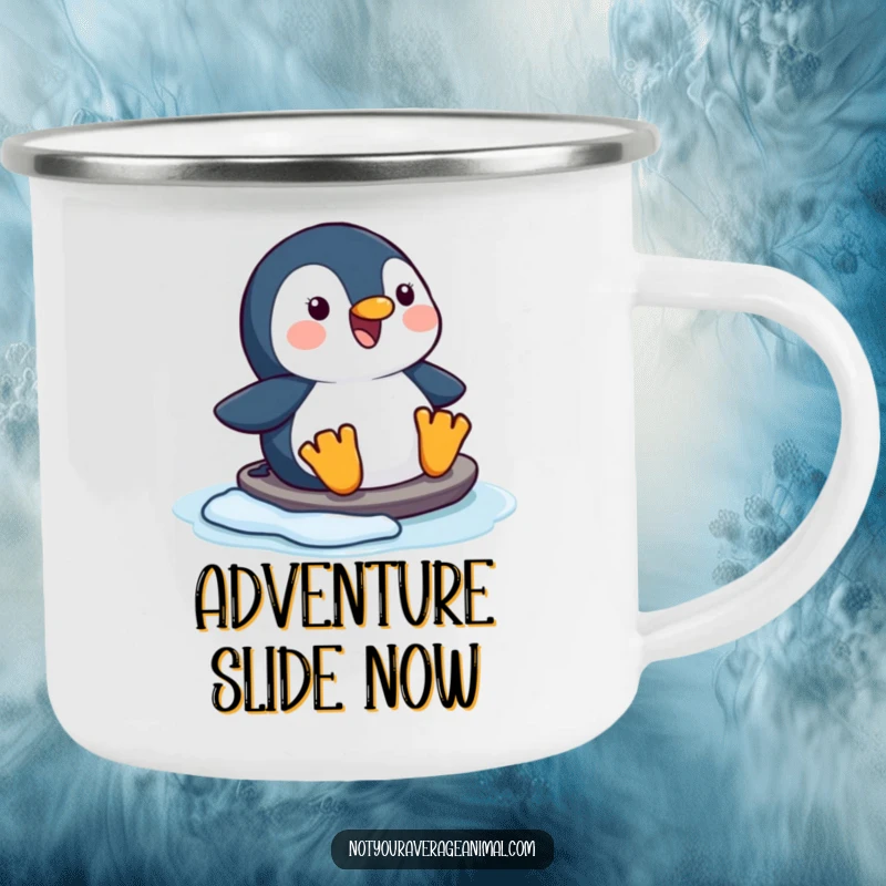 Funny happy penguin camping mug, a character sliding joyfully on ice, for outdoor winter fun.