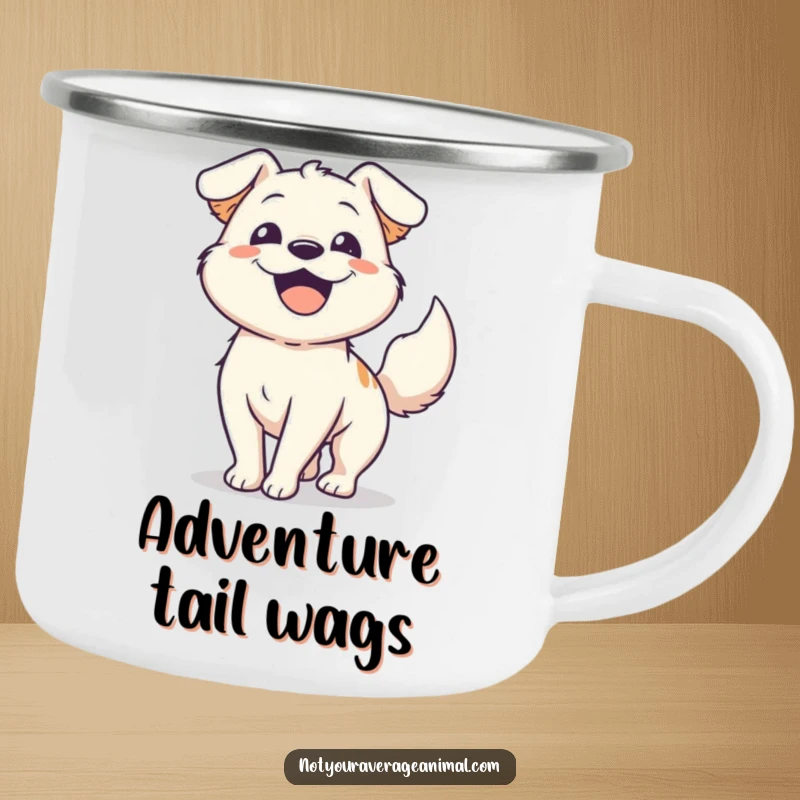 Funny happy dog camping mug with an energetic dog wagging its tail, designed for outdoor lovers who appreciate canine happiness.