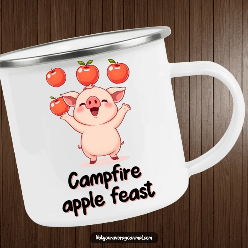 Funny small round piglet camping mug depicting a happy piglet juggling apples, perfect for outdoor farm fun and a humorous touch. Sturdy and cute.
