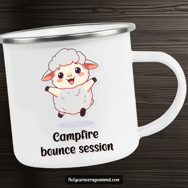 Funny enamel camping mug featuring a fluffy sheep character playfully bouncing with a woolly grin, ideal for humorous outdoor gifts.