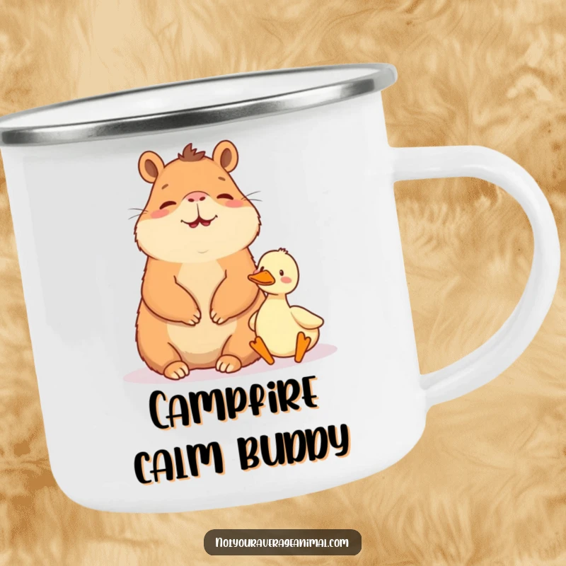 Funny camping mug: A giggling capybara sits peacefully beside a tiny duck in nature.