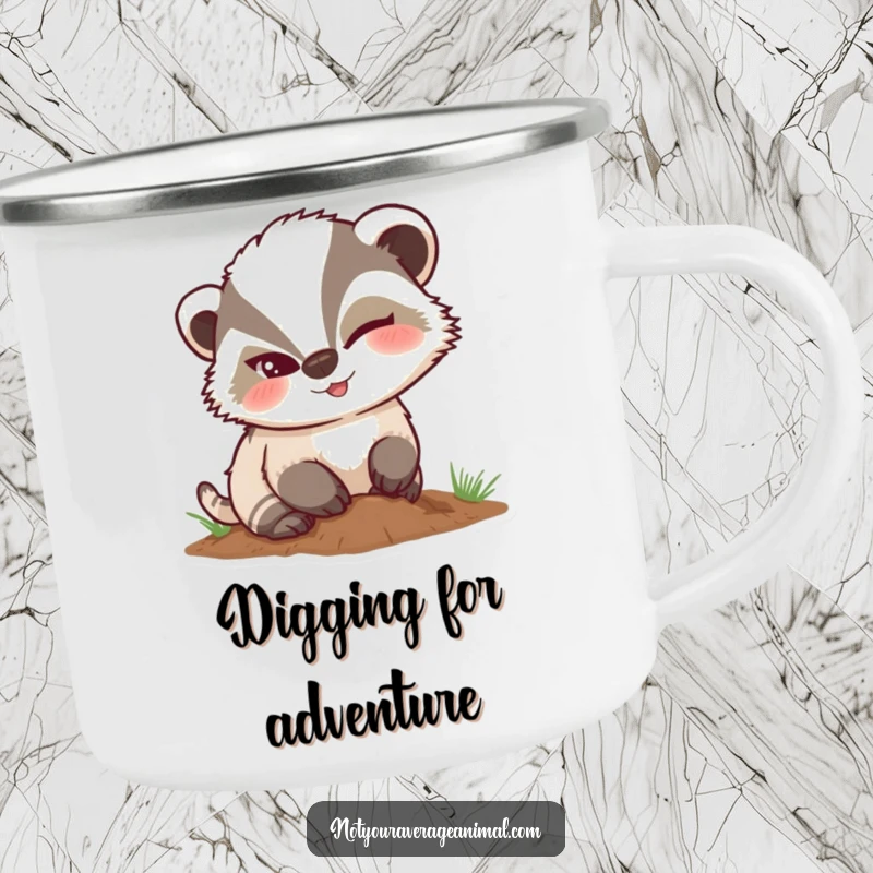 Funny mischievous badger camping mug, a character winking while digging, for rugged slyness.