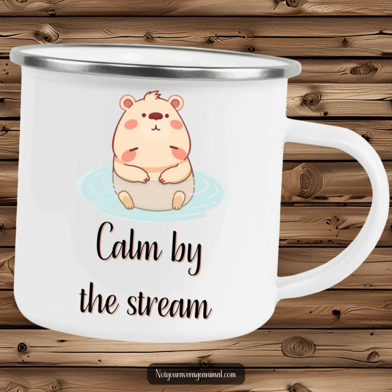 Funny camping mug showing a content capybara character relaxing in water, ideal for peaceful outdoor enjoyment.