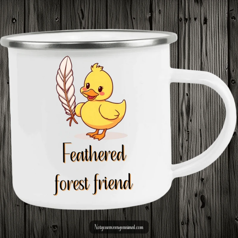 Funny cartoon duck camping mug depicting a silly duck waddling with a large feather, perfect for outdoor fun and a humorous touch. Sturdy and cute.