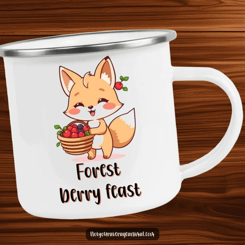Funny Fox Camping Mug featuring a cheerful fox character carrying a basket of berries, ready for any outdoor excursion.