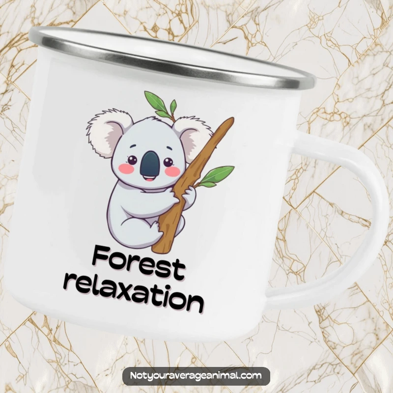 Funny camping mug with a content koala character happily hugging a eucalyptus branch, perfect for relaxed outdoor drinks.