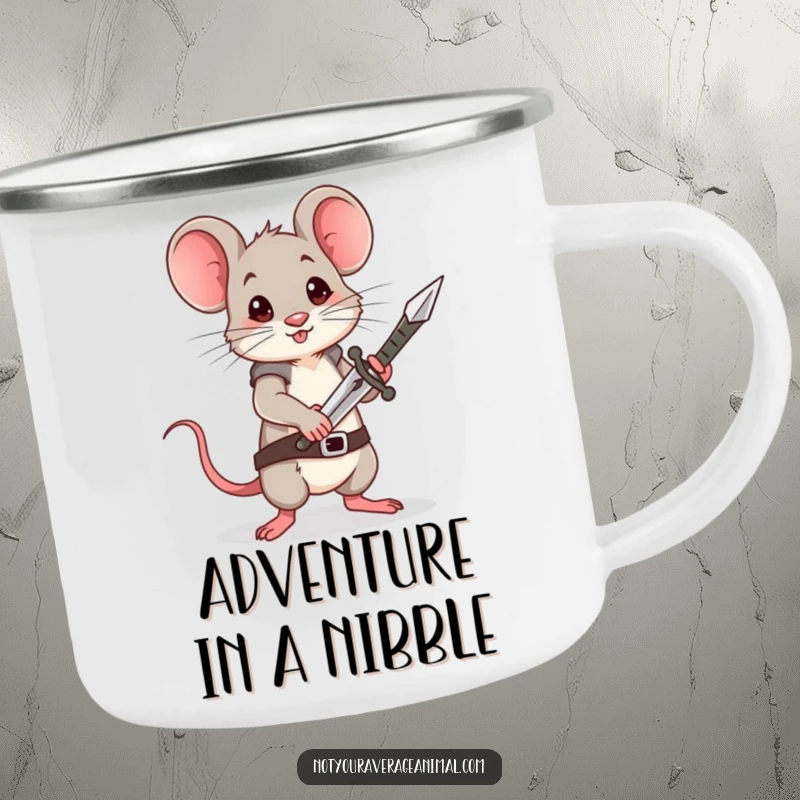 Funny Mouse Camping Mug: A brave little mouse stands tall, holding a minuscule sword, ready for campfire tales and coffee.