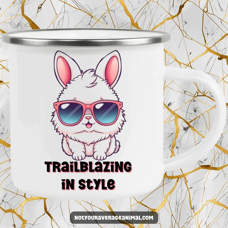 Funny bunny camping mug with a fluffy rabbit in oversized sunglasses, ready for outdoor adventures with a humorous and cool design.