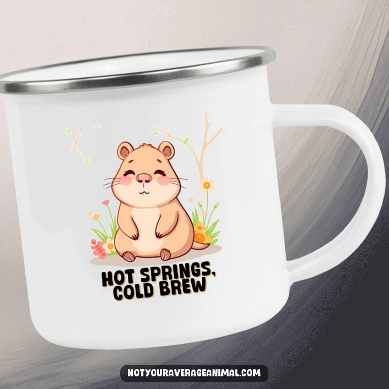 Funny capybara camping mug showing a happy character enjoying a warm spring, ideal for outdoor relaxation.
