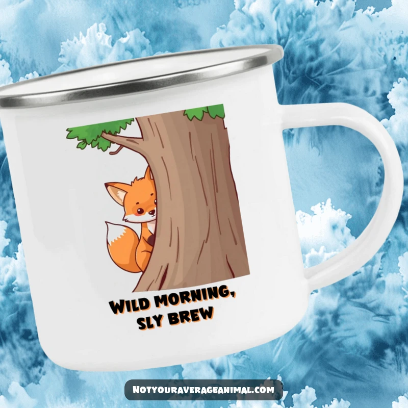 Funny fox camping mug featuring a bushy tail peeking playfully from behind a tree, designed for humorous outdoor sipping and exploration.