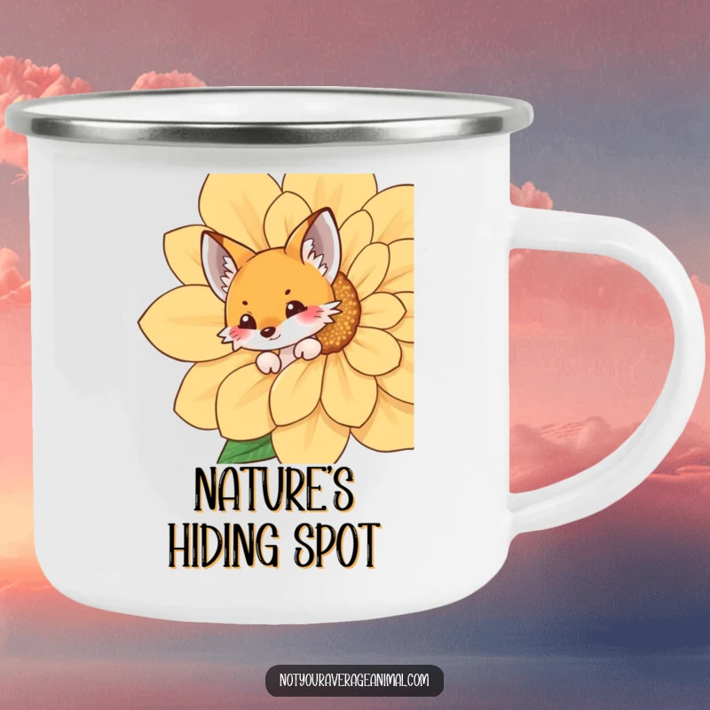 Funny fox camping mug with a playful fox peeking from behind a giant flower, designed for outdoor enthusiasts who love whimsical designs.