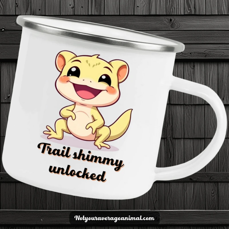 Funny Gecko Camping Mug featuring a happy gecko character doing a lively happy little shimmy, ideal for outdoor enthusiasts.