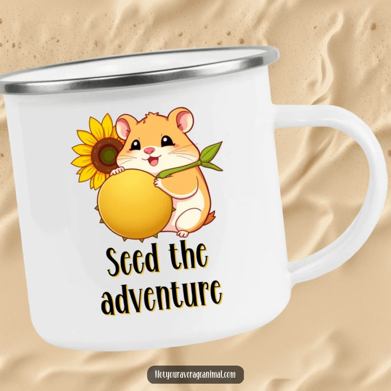 Funny hamster camping mug with a plump, smiling hamster joyfully clutching a giant sunflower seed.