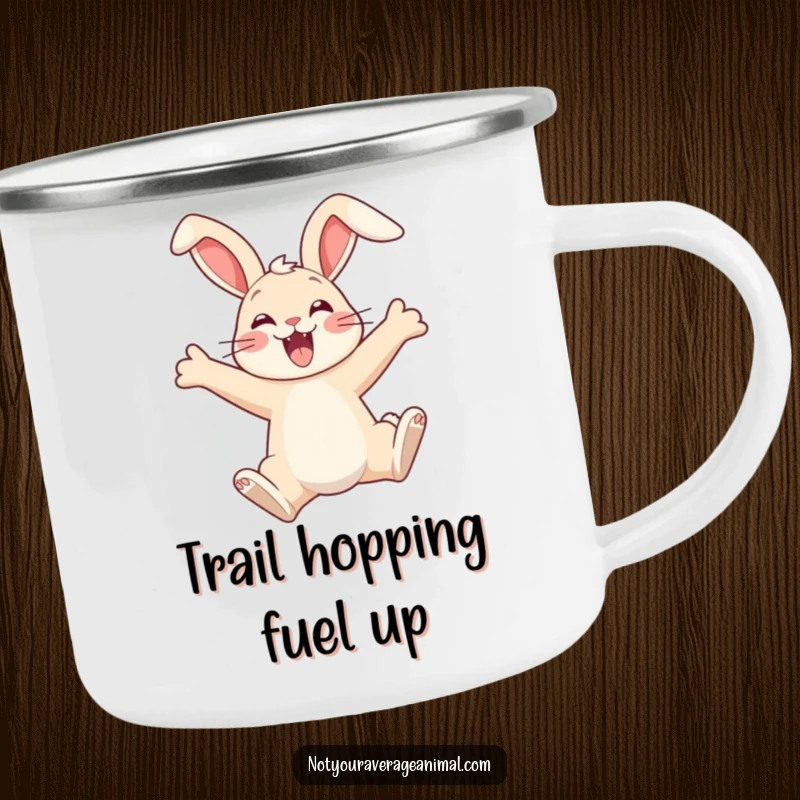 Funny camping mug featuring an excited bunny mid-leap with floppy ears, perfect for outdoor enthusiasts who enjoy a cheerful companion.